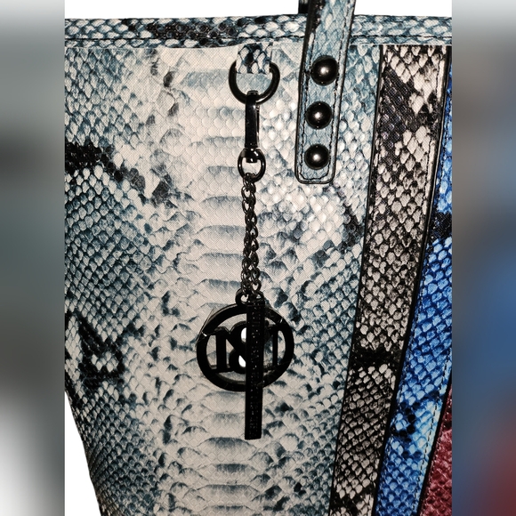 BADGLEY MISCHKA Light Blue Vegan Leather with Multicolor Striped Center Pattern - Picture 6 of 13